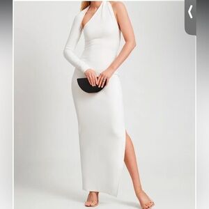 Marcella Manhattan slit gown asymmetrical hem midi length in white ponte stretch